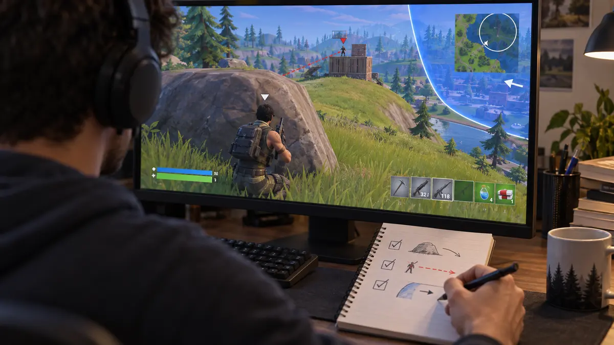 Analyse d’un replay Fortnite avec position, adversaire, couvert, zone et prise de notes