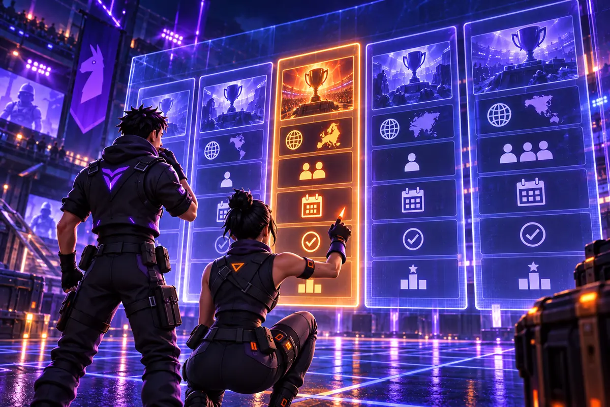 Deux joueurs comparent plusieurs tournois Fortnite selon la région, le format et la date
