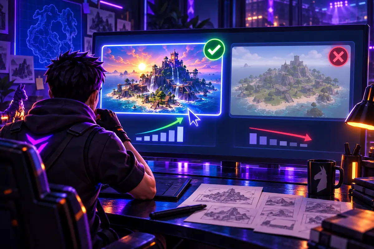 Créateur comparant deux miniatures de map Fortnite sur un écran