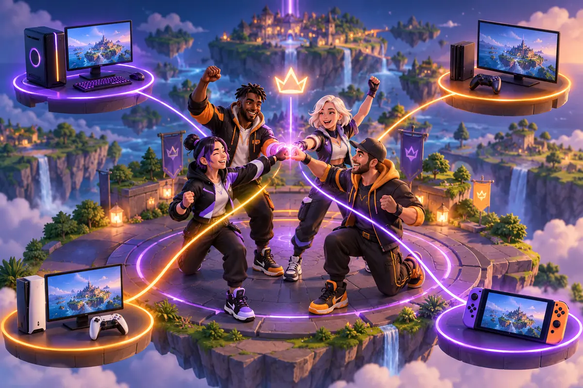 Quatre joueurs reliés au même groupe Fortnite depuis un PC, deux consoles et une console portable