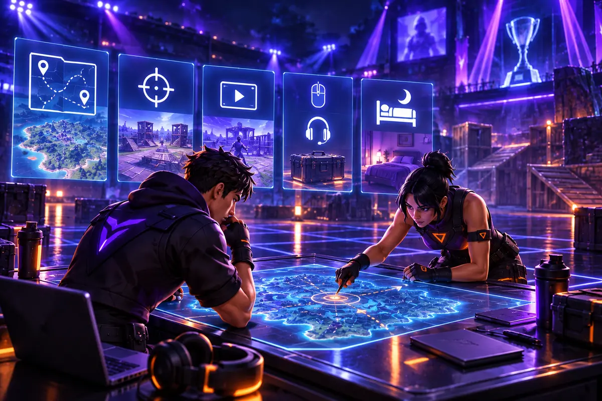 Deux joueurs préparent une FNCS avec une carte, des replays et une checklist
