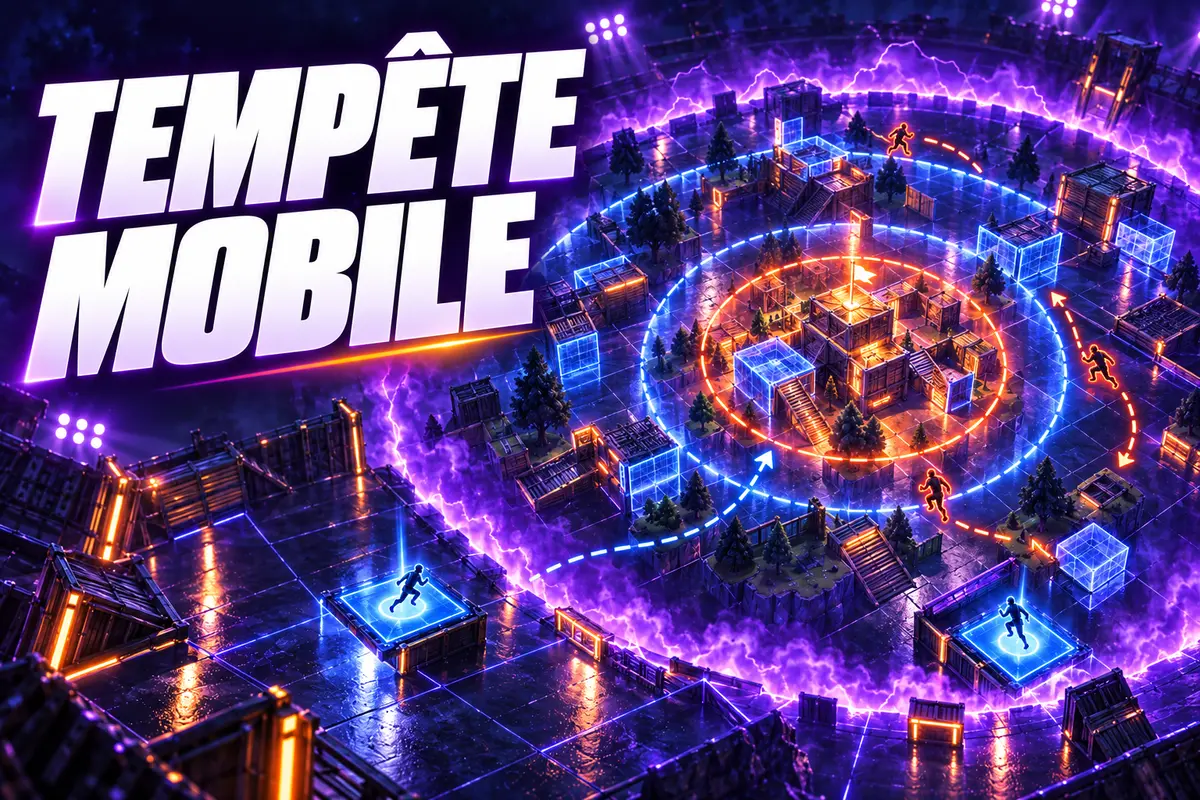 Arène Zone Wars UEFN entourée par plusieurs phases de tempête mobile