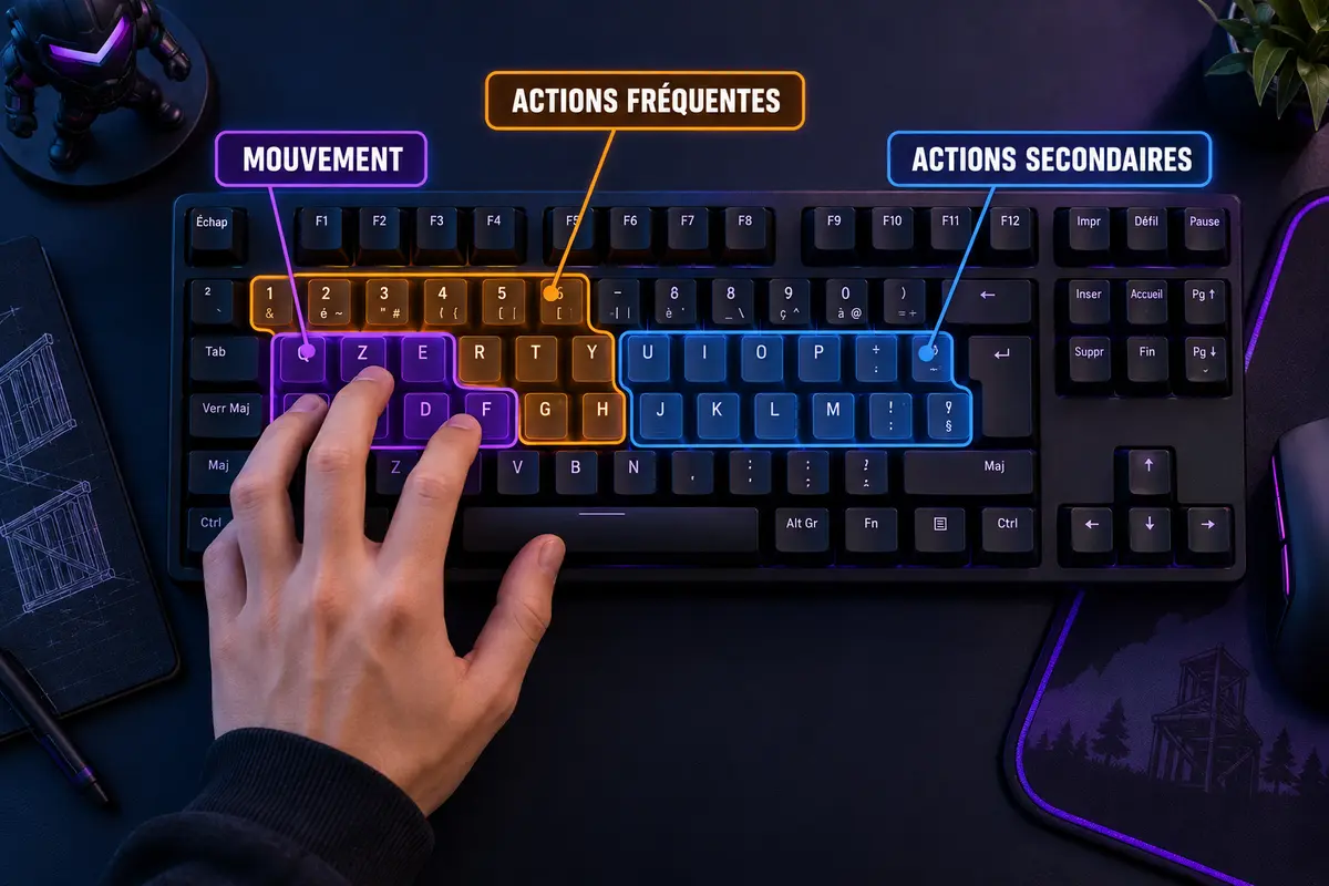 Zones de clavier pour organiser les mouvements, actions fréquentes et actions secondaires dans Fortnite