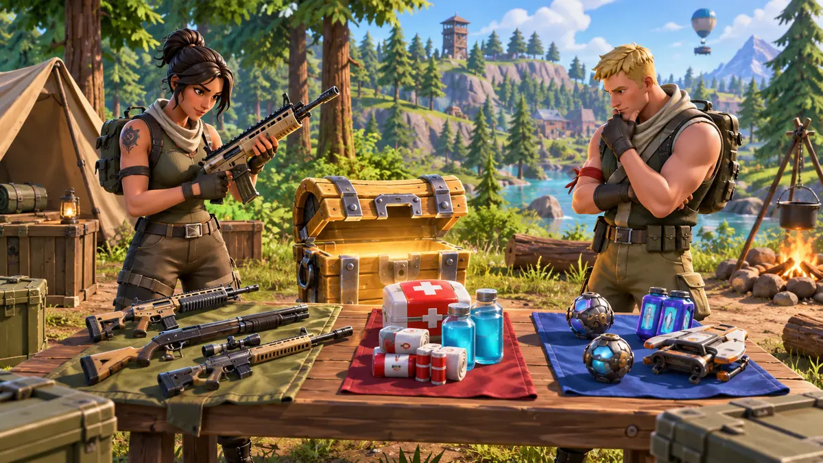 Deux joueurs comparent les armes, soins et objets de mobilité obtenus grâce aux Loot Hacks Fortnite