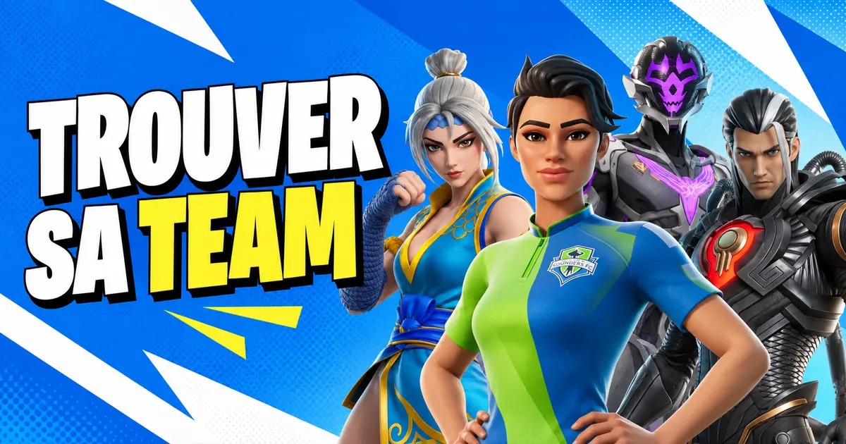 Quatre joueurs réunis autour de profils pour trouver une team Fortnite compatible